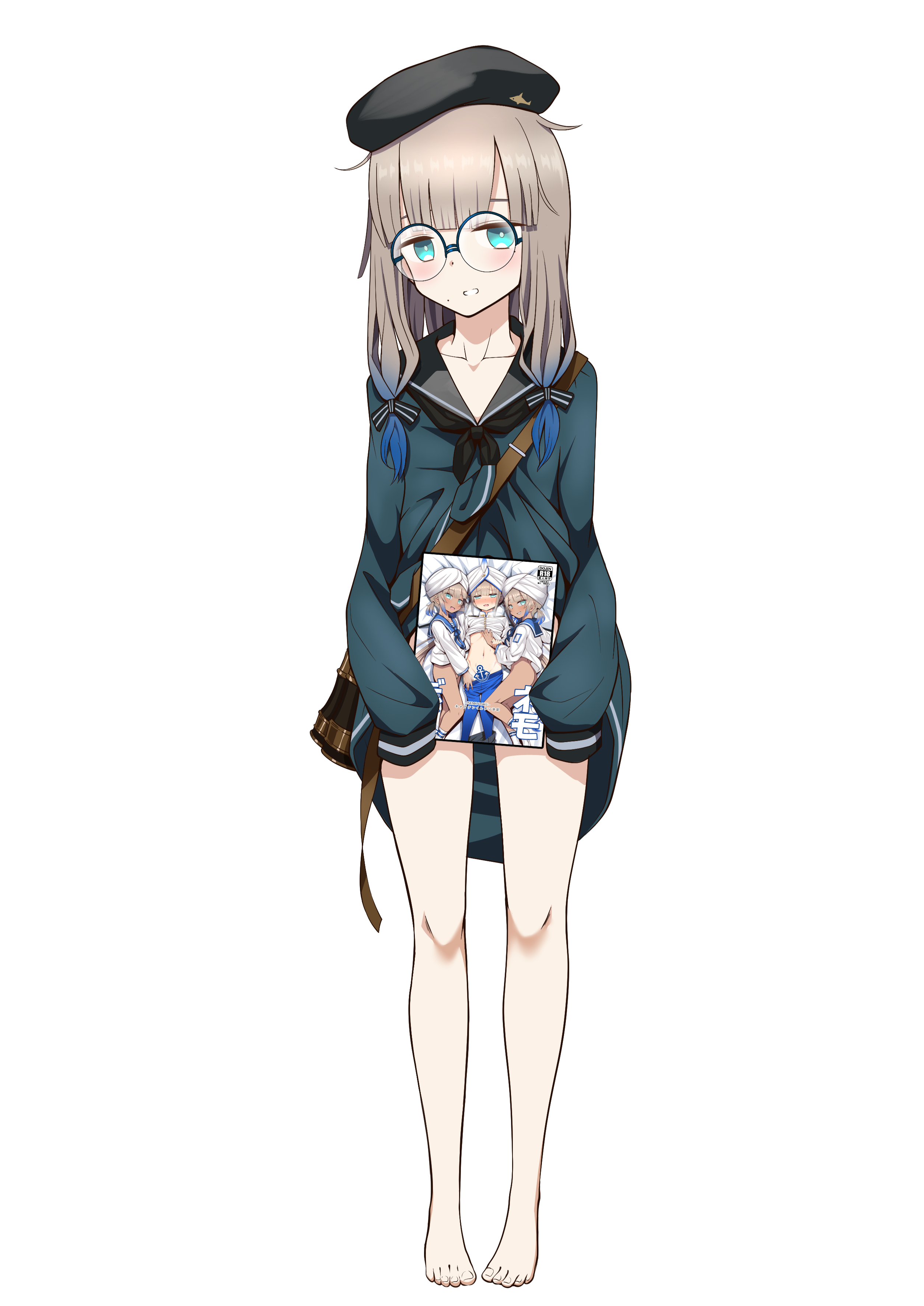 1girl absurdres barefoot beret black_hat black_sailor_collar blue_hair blue_shirt blush breasts brown_hair captain_nemo_(fate) captain_nemo_(first_ascension)_(fate) collarbone convenient_censoring fate/grand_order fate_(series) full_body glasses gradient_hair green_eyes hat highres long_hair long_sleeves looking_at_viewer manga_(object) marine_nemo_(fate) multicolored_hair nemo_(fate) parted_lips professor_nemo_(fate) round_eyewear sailor_collar sekai_saisoku_no_panda shirt sidelocks sleeves_past_fingers sleeves_past_wrists small_breasts solo two-tone_hair