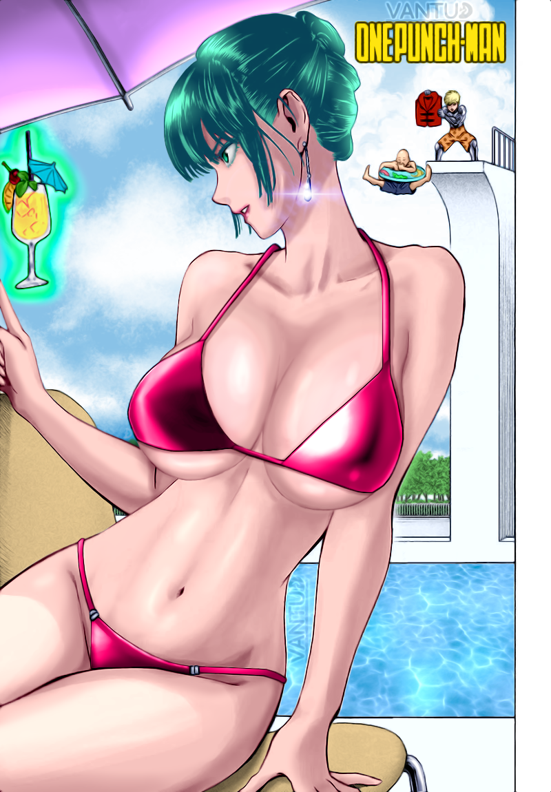 1girl bikini breasts colorized fubuki_(one-punch_man) genos glowing large_breasts one-punch_man pool saitama_(one-punch_man) swimsuit third-party_edit vantud watermark