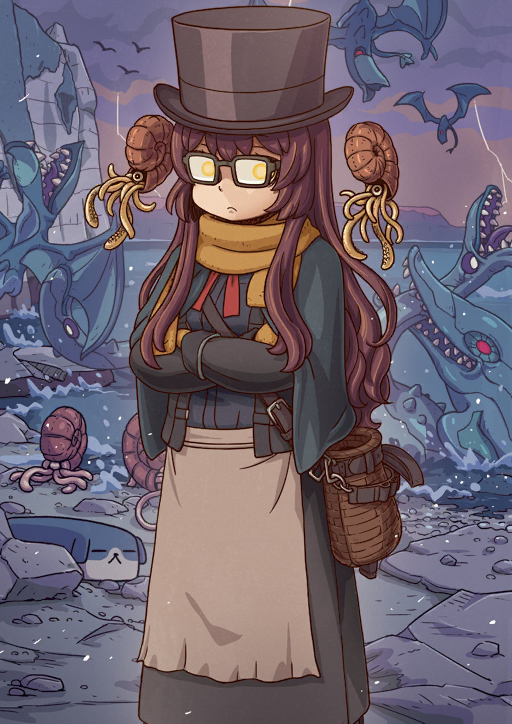 1girl ammonite animal apron bag beach belt_buckle black-framed_eyewear black_hat black_jacket black_skirt blue_shirt breasts brown_hair buckle closed_mouth crossed_arms dinosaur fate/grand_order fate_(series) feet_out_of_frame frown game_cg glasses glowing glowing_eyes green_shawl grey_apron hat jacket lightning long_hair long_sidelocks long_sleeves looking_at_viewer mary_anning_(fate) mary_anning_(third_ascension)_(fate) medium_breasts medium_skirt mittens monster neck_ribbon ocean official_art open_clothes open_jacket overcast pickaxe rectangular_eyewear red_ribbon ribbon riyo_(lyomsnpmp) scarf shirt shoulder_bag sidelocks skirt sky sleeve_cuffs solo splashing storm third-party_source top_hat variant_set waist_apron yellow_eyes yellow_mittens yellow_scarf