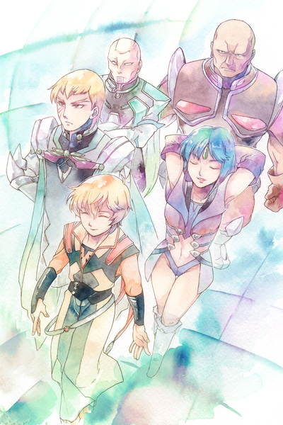 1girl 4boys aguija bald blonde_hair blue_hair boots brothers clothing_cutout closed_eyes forehead_jewel freckles gloves mekibos_bulverde multiple_boys navel_cutout pink_eyes pink_hair scar scar_across_eye scar_on_face shoes siblings sikalog smile super_robot_wars super_robot_wars_classic vigagi wendolo_bulverde white_footwear