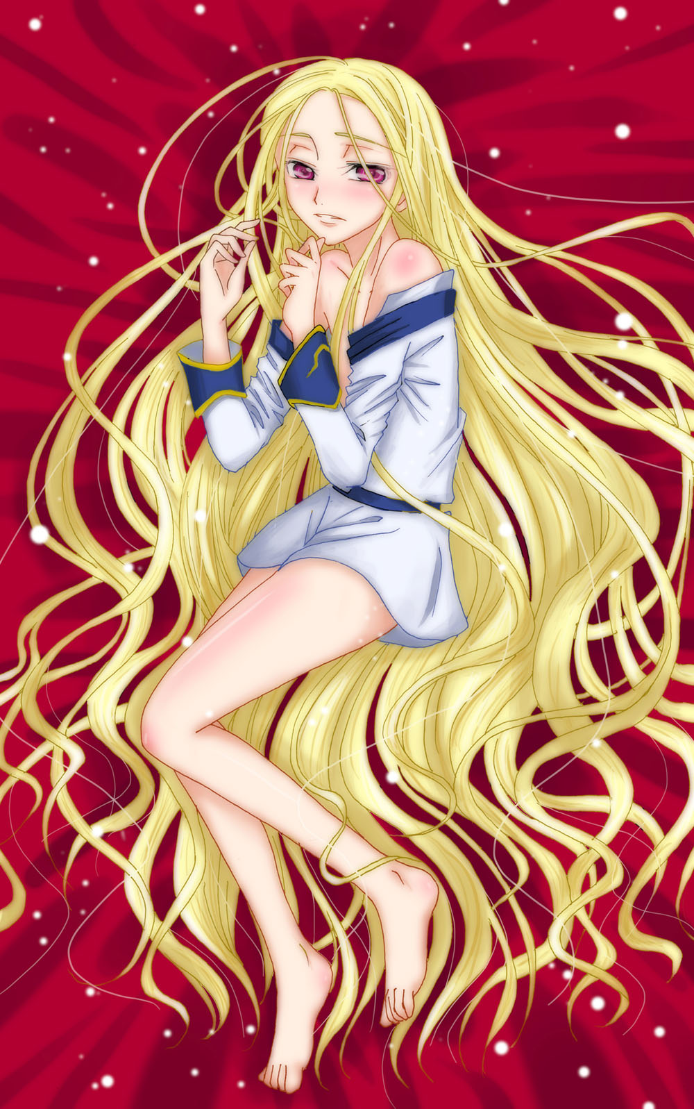 1boy absurdly_long_hair barefoot bed_sheet blonde_hair blush bottomless code_geass dakimakura_(medium) feet full_body highres long_hair looking_at_viewer lying male_focus miniyu on_side purple_eyes solo trap v.v. very_long_hair