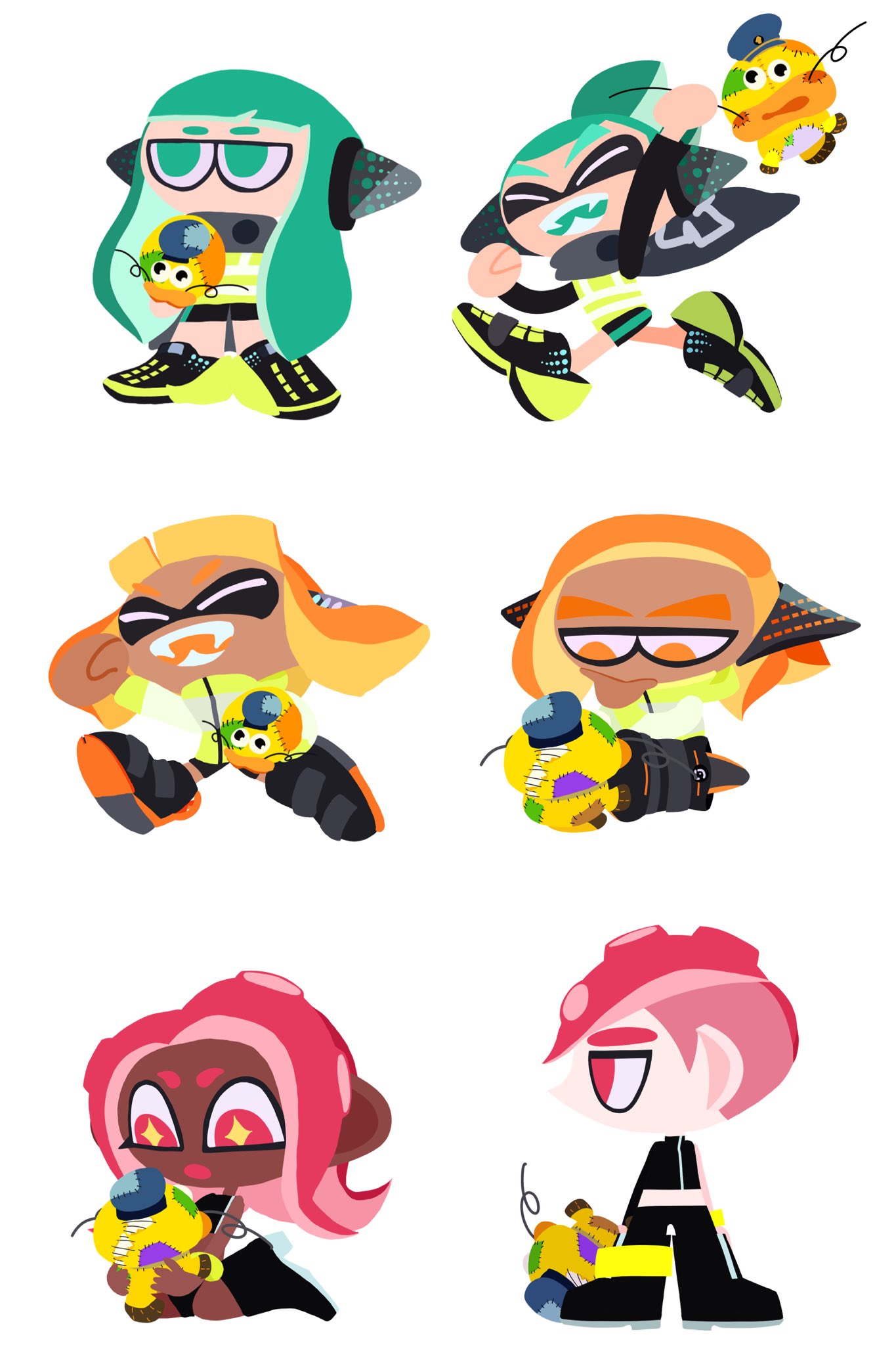 +_+ 3boys 3girls :d :o ^_^ agent_3_(splatoon) agent_4_(splatoon) agent_8_(splatoon) aqua_eyes aqua_hair bike_shorts black_cape black_footwear black_shorts boots cape closed_eyes commentary_request dark-skinned_female dark-skinned_male dark_skin headgear high-visibility_clothing high-visibility_vest highres holding holding_stuffed_toy hyper_chikuwabu inkling inkling_boy inkling_girl inkling_player_character jacket long_hair mohawk multiple_boys multiple_girls nintendo no_lineart octoling octoling_boy octoling_girl octoling_player_character open_mouth orange_eyes orange_hair red_eyes red_hair short_hair shorts simple_background smile splatoon_(series) splatoon_2 splatoon_2:_octo_expansion stuffed_toy tentacle_hair white_background yellow_jacket zapfish