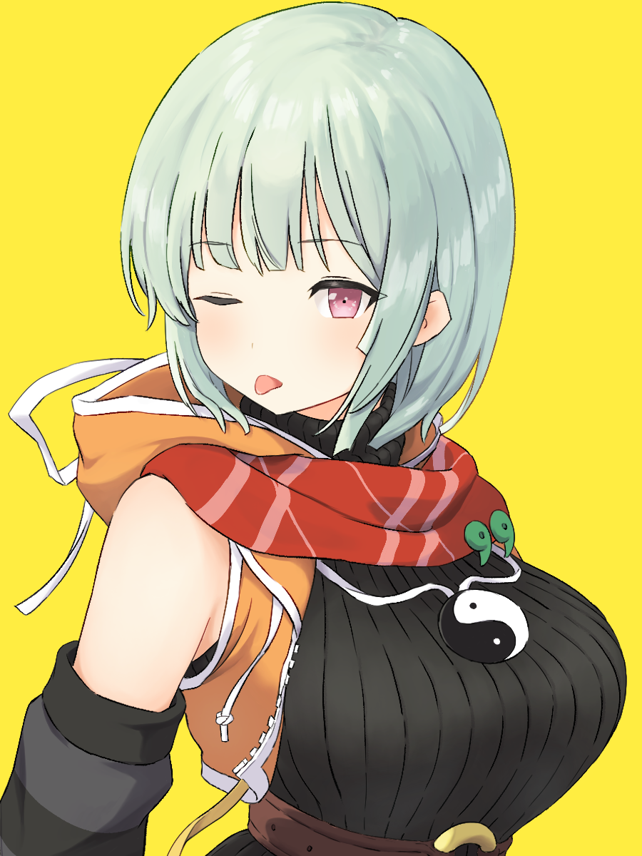 :p black_sweater blush breasts green_hair highres hood hoodie jacket large_breasts magatama medium_hair naraku_(senran_kagura) one_eye_closed orange_hoodie orange_jacket pink_eyes red_scarf scarf senran_kagura senran_kagura_estival_versus simple_background striped_sleeves sweater tongue tongue_out turtleneck turtleneck_sweater upper_body yellow_background yin_yang yoniki