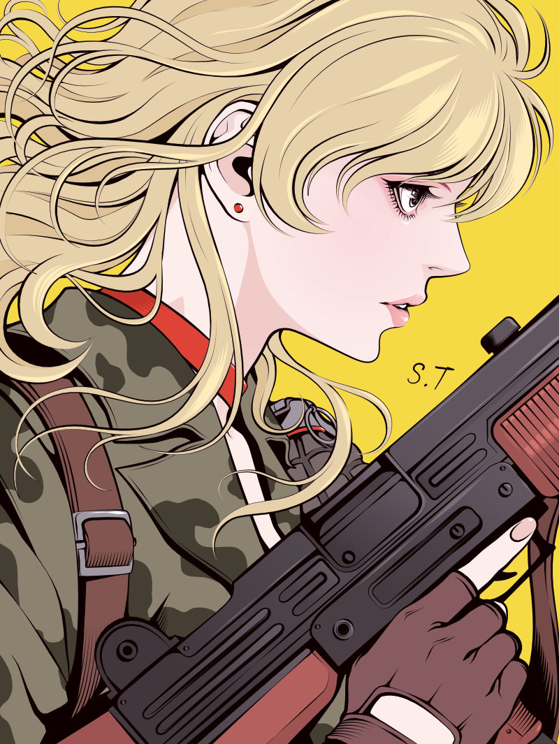 1girl blonde_hair brown_gloves brown_jacket commentary_request earrings explosive eyelashes eyeshadow fingerless_gloves fingernails from_side gloves grenade gun hair_between_eyes holding holding_gun holding_weapon jacket jewelry limited_palette looking_to_the_side lupin_iii makeup medium_hair military_uniform mine_fujiko parted_lips signature simple_background solo spot_color stud_earrings submachine_gun takanashi_shin teeth upper_body uzi weapon yellow_background