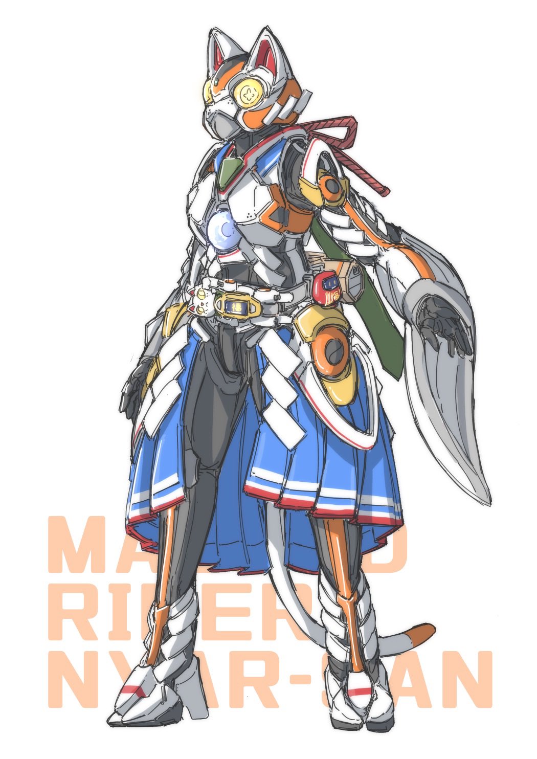 1girl arm_at_side armor belt black_bodysuit blue_skirt bodysuit cat_tail daruma_doll detached_sleeves full_body hachidori_(ippatsuya) helmet highres kamen_rider maneki-neko matikanefukukitaru_(umamusume) power_armor rider_belt shide simple_background skirt sp;p staff tail umamusume white_background
