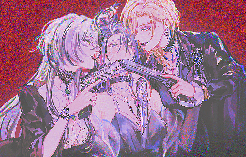 3girls aiwairanai biting biting_ear black_choker black_dress blonde_hair breasts chief_(path_to_nowhere) choker cleavage collarbone crying dress earrings female_chief_(path_to_nowhere) forehead_tattoo girl_sandwich gun gun_in_mouth handgun jewelry langley_(path_to_nowhere) medium_hair mole mole_on_neck multiple_girls oak_casket_(path_to_nowhere) path_to_nowhere playing_with_hair red_background sandwiched simple_background spaghetti_strap spider_tattoo streaming_tears tattoo tears two-tone_dress weapon white_dress yuri