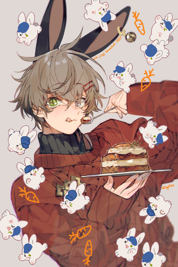 1boy alban_knox alternate_animal_ears animal_ears black_sweater brown_hair green_eyes grey_background grey_eyes hand_up holding holding_plate holding_spoon long_sleeves male_focus nijisanji nijisanji_en plate rabbit_ears red_sweater sapphire_(nine) simple_background solo spoon sweater takaradachi_(alban_knox) upper_body virtual_youtuber