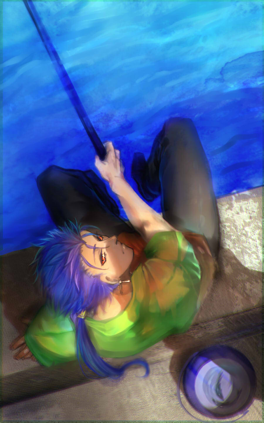 1boy blue_hair bucket closed_mouth cu_chulainn_(fate) cu_chulainn_(fate/stay_night) drrra earrings fate/stay_night fate_(series) fish fishing fishing_rod from_above highres jewelry long_hair male_focus multicolored_shirt official_alternate_costume pants ponytail red_eyes short_sleeves slit_pupils solo spiked_hair type-moon water