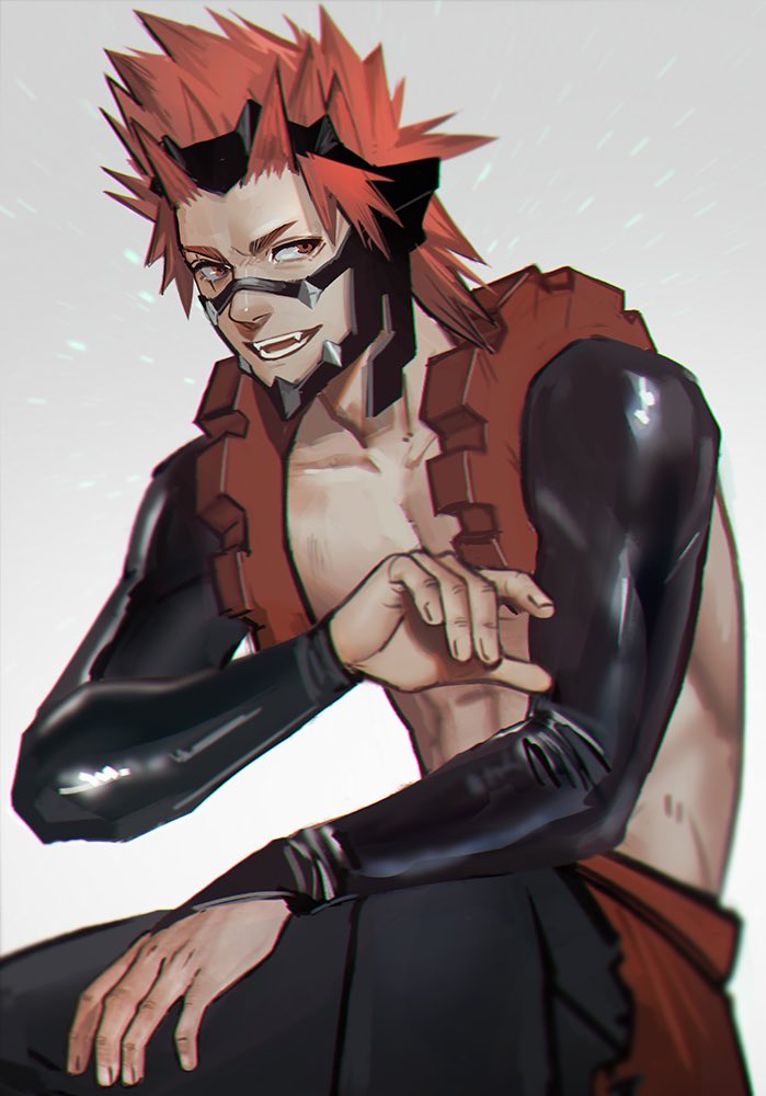 1boy abs arm_up black_bridal_gauntlets black_mask boku_no_hero_academia bridal_gauntlets collarbone commentary english_commentary fangs fingernails gears grey_background kirishima_eijiro long_sleeves looking_to_the_side male_focus mask mistermagnolia open_mouth pants pectorals red_eyes red_hair red_pants shiny_clothes sideways_glance solo spiked_hair superhero_costume teeth topless_male