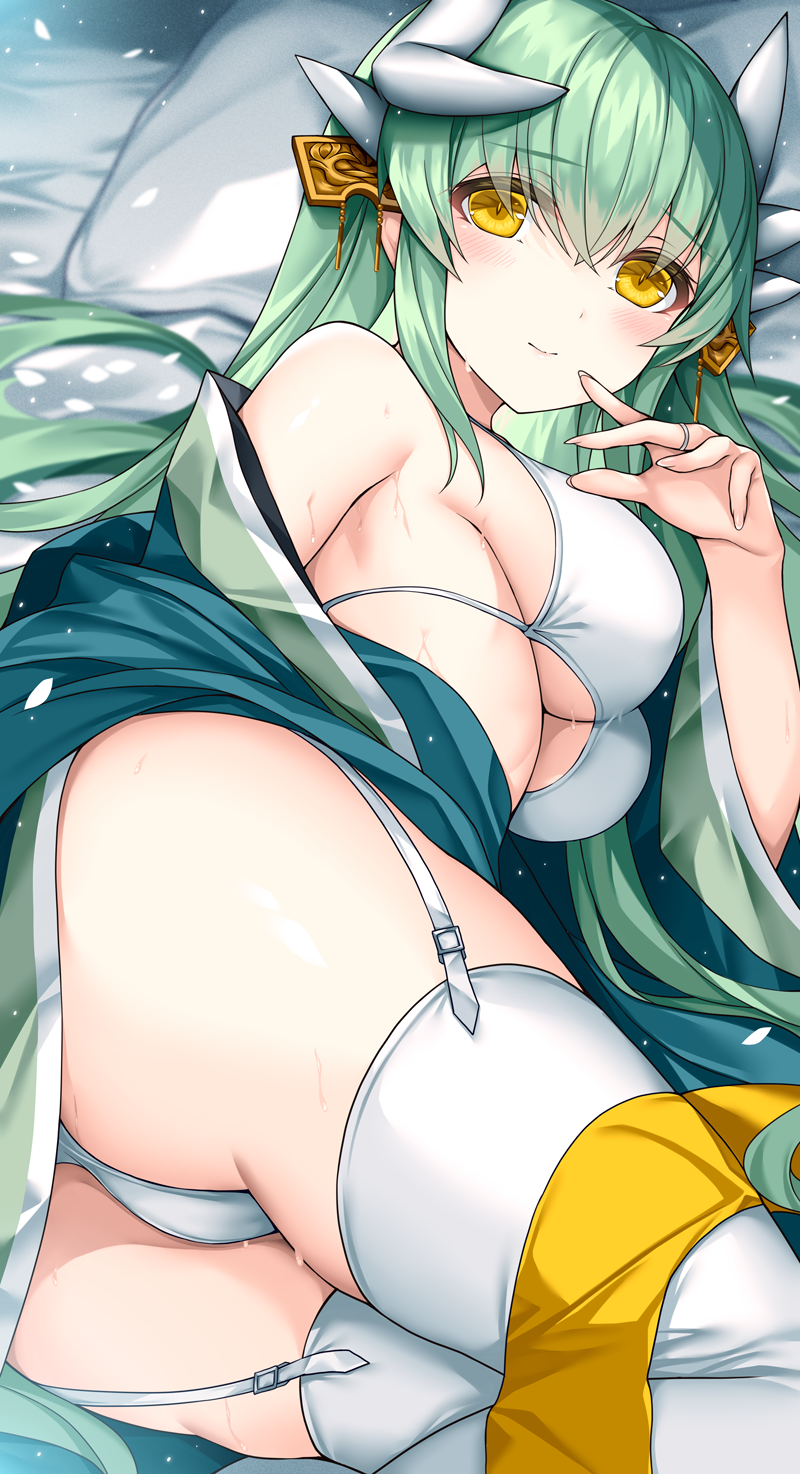 1girl bare_shoulders bikini blush breasts closed_mouth commentary_request dragon_girl dragon_horns fate/grand_order fate_(series) garter_straps green_hair hair_ornament highres horns japanese_clothes jewelry kiyohime_(fate) large_breasts long_hair long_sleeves looking_at_viewer lying morizono_shiki off_shoulder on_side ring smile solo swimsuit thighhighs thighs white_bikini white_garter_straps white_thighhighs yellow_eyes