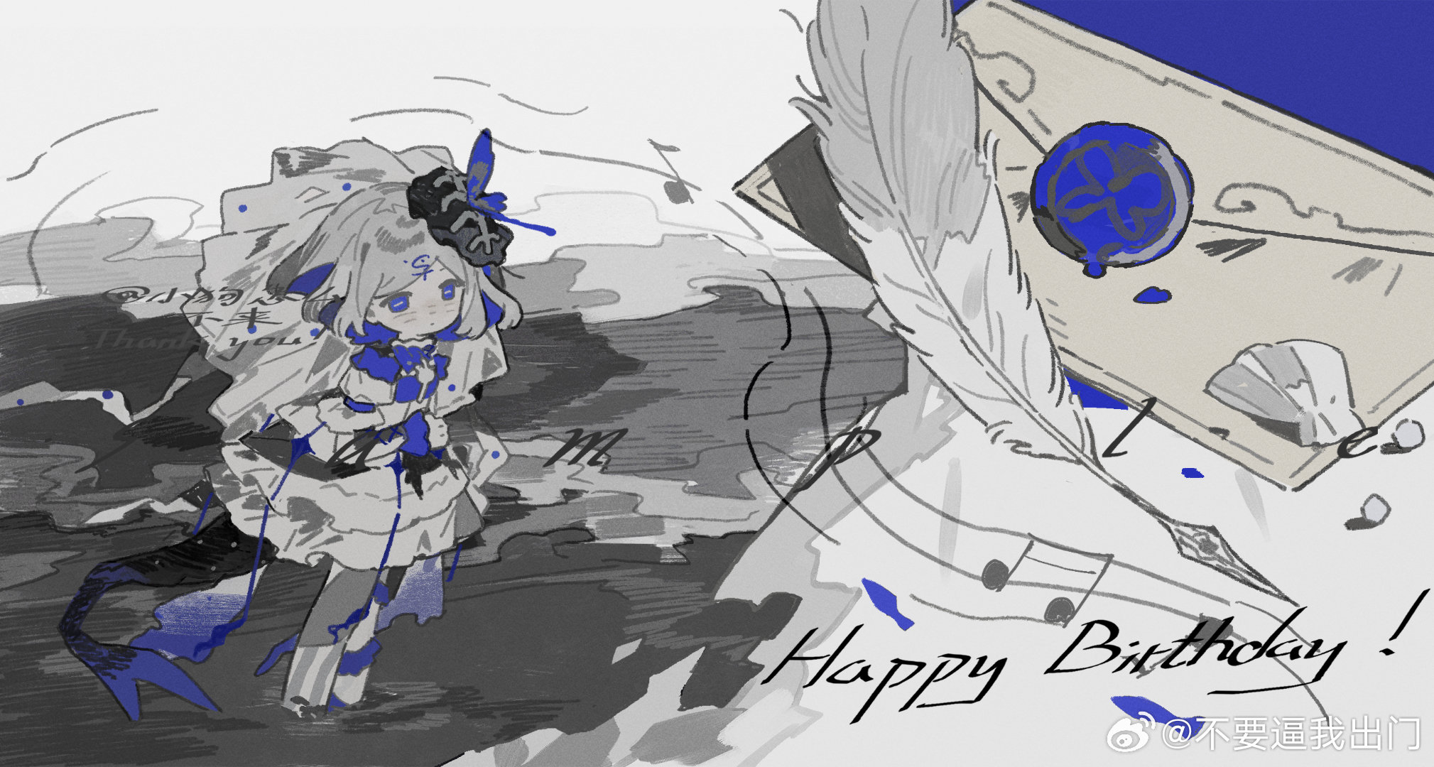 1girl blue_eyes blush dress highres original quill standing watermark weibo_6992685970 weibo_watermark white_background white_hair