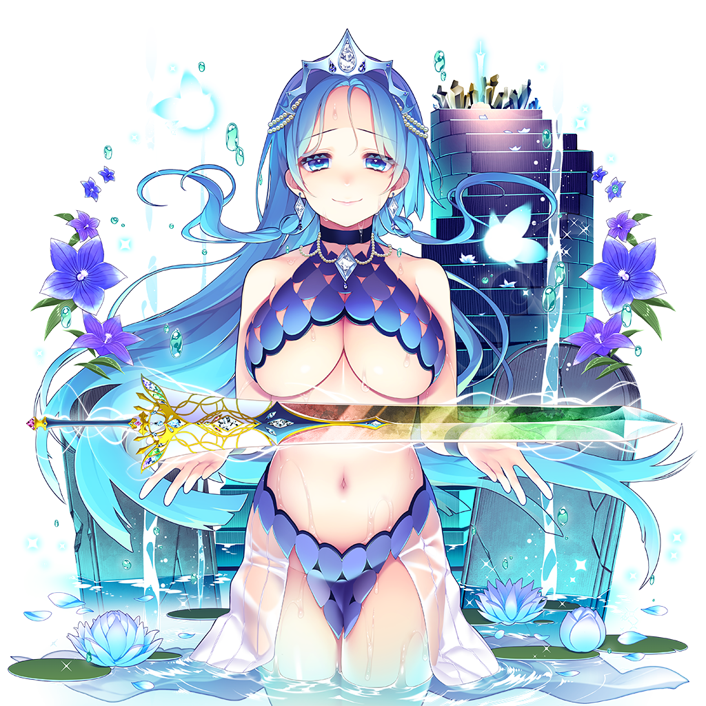 1girl bare_shoulders blue_butterfly blue_dress blue_eyes blue_flower blue_hair blue_theme blush braid breasts bug butterfly butterfly_hair_ornament center_opening cleavage closed_mouth collarbone cowboy_shot dress earrings facial_mark fairy flower forehead_jewel forehead_mark fountain giuniu gluteal_fold groin hair_ornament halterneck harp hydrangea ice insect instrument jewelry large_breasts lily_pad long_hair looking_at_viewer navel necklace non-web_source parted_bangs pointy_ears rainbow revealing_clothes see-through_clothes smile solo sparkle standing swimsuit tattoo thigh_gap transparent_background uchi_no_hime-sama_ga_ichiban_kawaii very_long_hair vivienne_(uchi_no_hime-sama_ga_ichiban_kawaii) wading water water_drop wet white_background