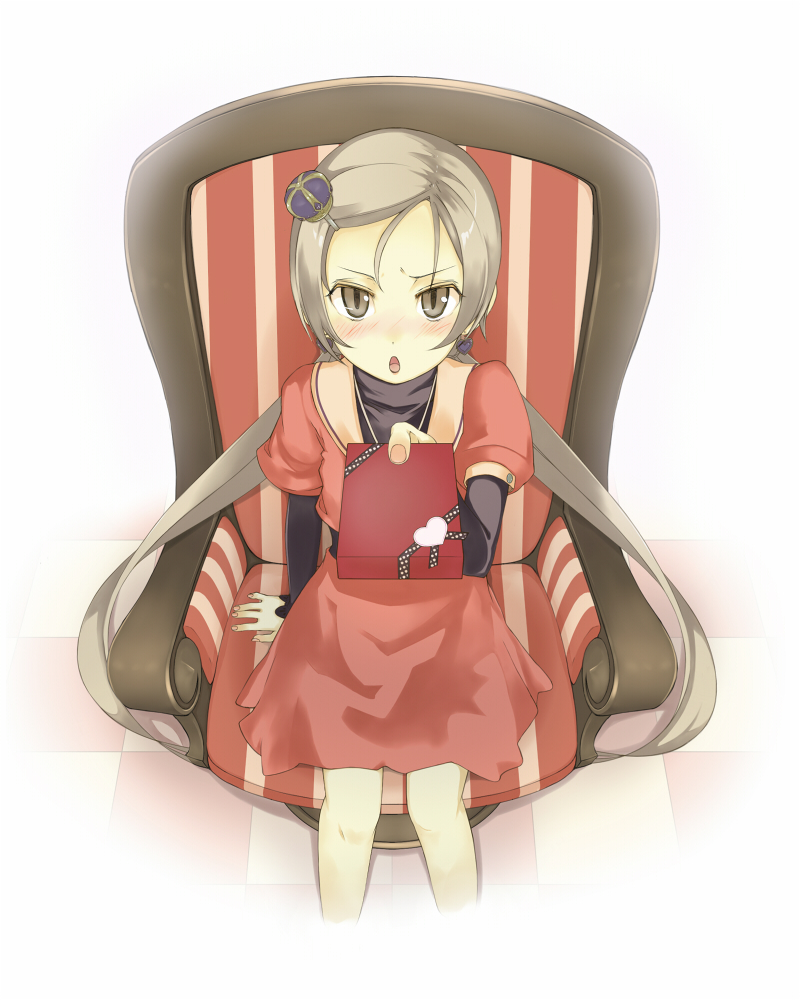 &gt;:o 1girl :o armchair bad_id bad_pixiv_id blush box chair crown dress earrings female_focus gift gift_box hair_ornament hairclip heart incoming_gift jewelry long_hair low_twintails mini_crown nushityama open_mouth patterned_upholstery puffy_short_sleeves puffy_sleeves red_upholstery sailor_dress short_sleeves solo striped_upholstery tantei_hanasaki_tarou touki_(tantei_hanasaki_tarou) twintails v-shaped_eyebrows vertical_stripes