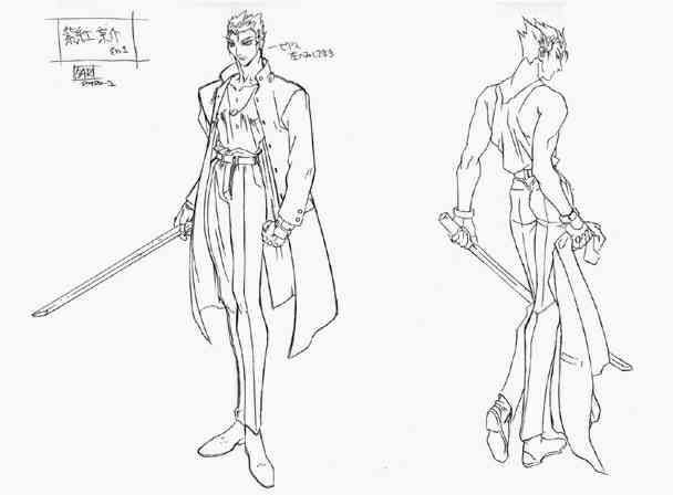 1990s_(style) 1boy banchou bokken choujin_gakuen_gowcaizer coat delinquent fingerless_gloves gloves looking_at_viewer looking_back male_focus oobari_masami production retro_artstyle school_uniform reference_sheet shigure_kyosuke short_hair simple_background solo sword technos weapon white_background wooden_sword