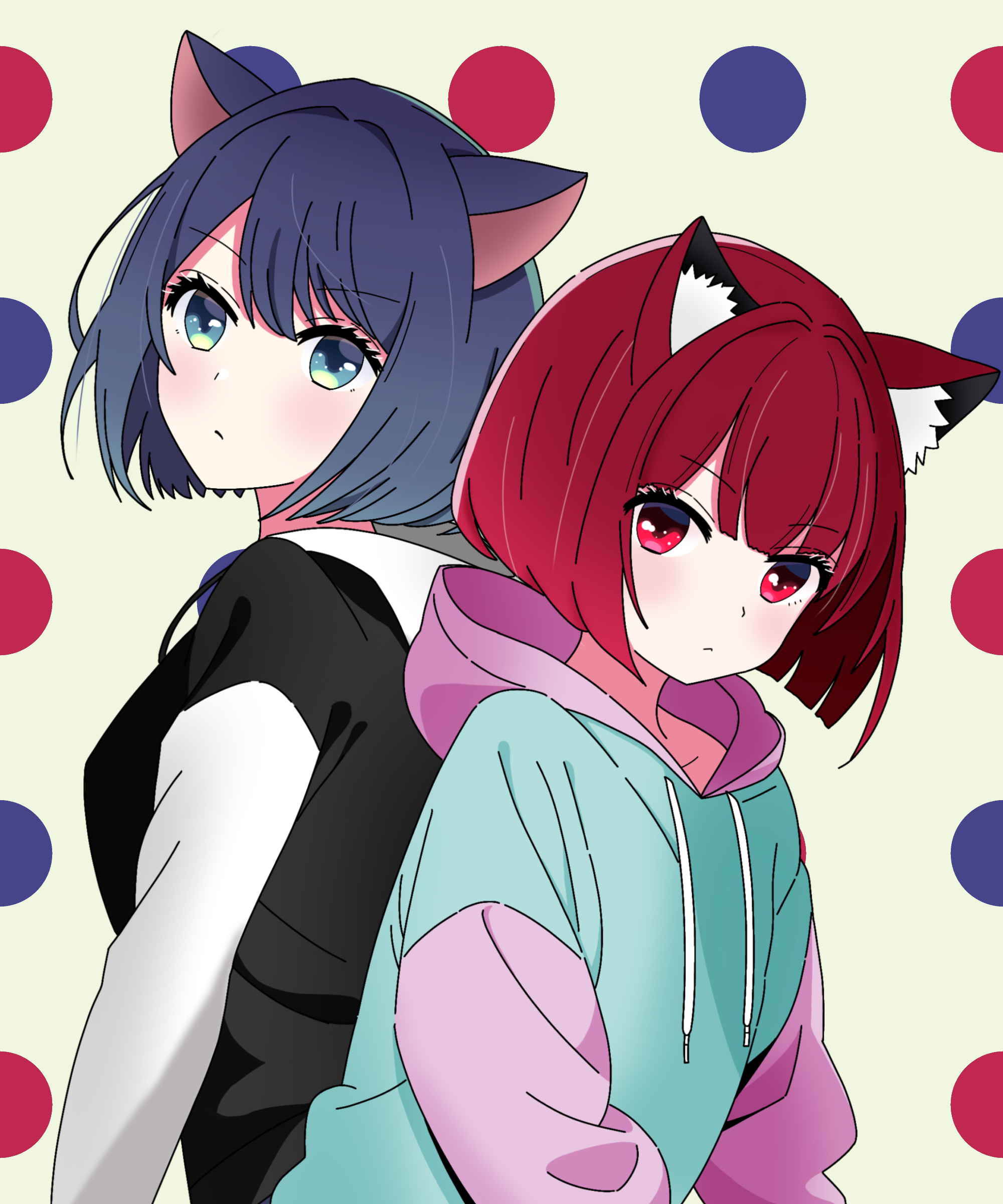 2girls absurdres animal_ears arima_kana black_hoodie blue_hair blue_hoodie bokutaaaa cat_ears cat_girl highres hood hoodie kurokawa_akane lying multicolored_hoodie multiple_girls on_back oshi_no_ko pink_hoodie polka_dot polka_dot_background red_hair short_hair white_hoodie