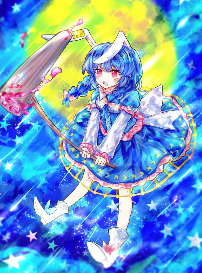 1girl ambiguous_red_liquid animal_ears blue_dress blue_hair boots braid commentary crescent_print dress embellished_costume holding holding_mallet kine long_hair long_sleeves mallet open_mouth print_dress rabbit_ears red_eyes sanuo seiran_(touhou) smile solo star_(symbol) star_print symbol-only_commentary touhou twin_braids twintails white_boots