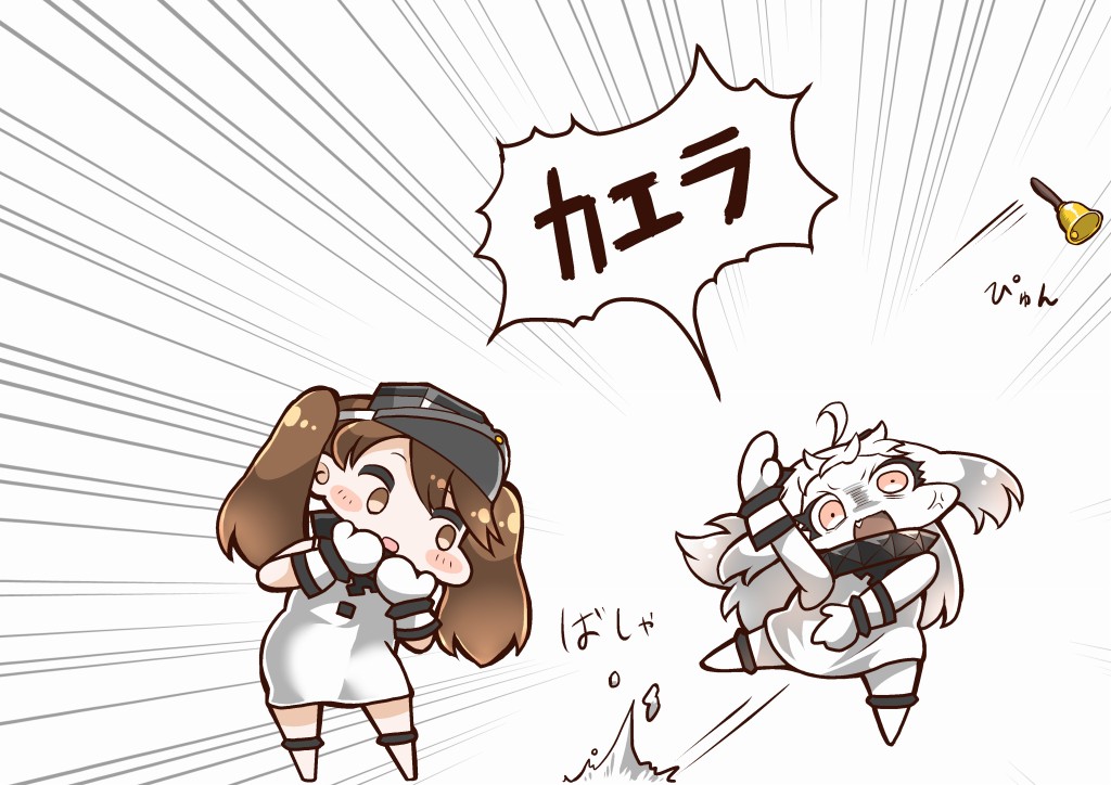 2girls abyssal_ship ahoge alternate_costume anger_vein bell brown_eyes brown_hair comic cosplay dress horns kantai_collection long_hair mittens multiple_girls northern_ocean_hime_(cosplay) northern_ocean_princess open_mouth pale_skin red_eyes ryuujou_(kancolle) sleeveless sleeveless_dress tanaka_kusao white_dress white_hair
