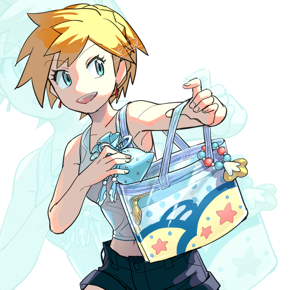 1girl :d asymmetrical_hair bag bare_arms black_shorts blue_eyes blush braid breasts denim denim_shorts earrings eyelashes gen_1_pokemon green_eyes hands_up haraya holding jewelry looking_at_viewer looking_to_the_side misty_(pokemon) misty_(sygna_suit)_(pokemon) navel nintendo open_mouth orange_hair pokemon pokemon_masters_ex shirt short_hair short_shorts shorts sleeveless sleeveless_shirt smile solo teeth themed_object tongue white_shirt