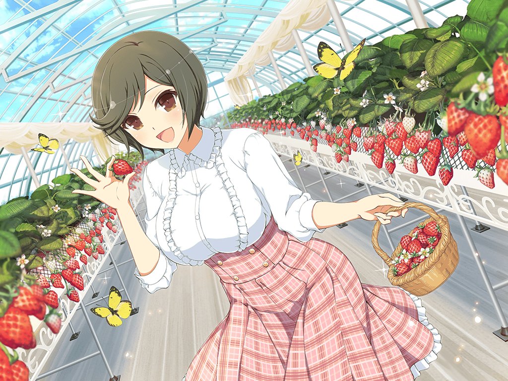 1girl basket blue_sky blush breasts brown_eyes brown_hair bug butterfly buttons cloud day flower food frilled_shirt frilled_skirt frills fruit garden greenhouse holding holding_basket holding_food holding_fruit indoors insect large_breasts leaf looking_at_viewer mai_(senran_kagura) official_alternate_costume official_art open_mouth plaid_clothes plaid_skirt plant senran_kagura senran_kagura_new_link senran_kagura_new_wave shiny_skin shirt short_hair skirt sky smile solo standing strawberry strawberry_blossoms strawberry_plant sunlight tongue underbust white_flower wooden_floor yaegashi_nan yellow_butterfly