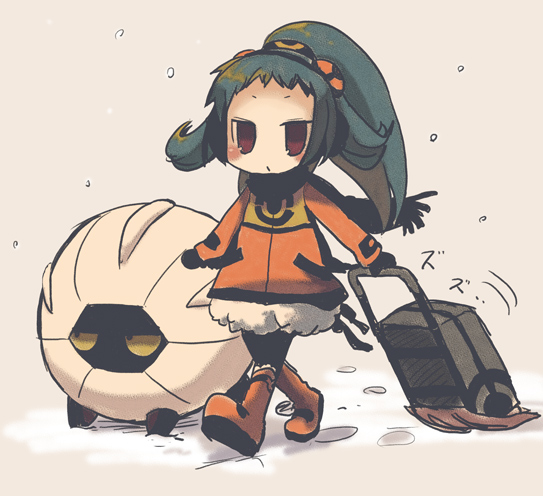 1girl ace_trainer_(pokemon) black_gloves black_pantyhose black_scarf blush boots brown_eyes coat earmuffs gen_3_pokemon gloves nintendo orange_boots orange_coat pantyhose pixiv_trainer poke_ball_print pokemon ponytail rolling_suitcase scarf shelgon sketch snow suitcase walking yuzuki_gao