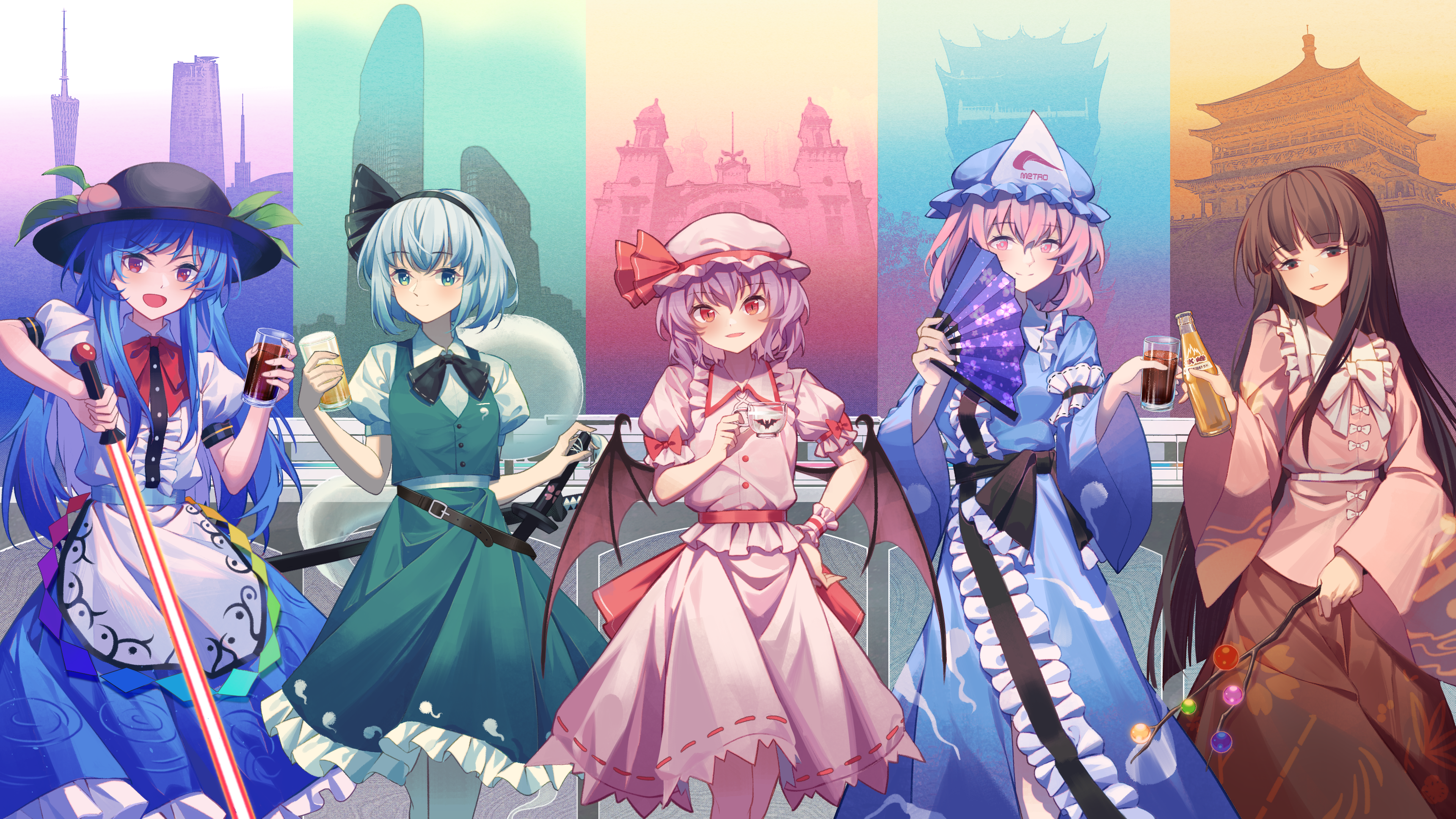 5girls absurdres bat_wings black_hair black_hairband black_hat blue_hair blue_hat blue_kimono bottle building chinese_commentary commentary_request congratulations cup green_skirt green_vest hairband hand_fan hand_on_own_hip hat highres hinanawi_tenshi holding holding_bottle holding_cup holding_fan holding_sword holding_weapon houraisan_kaguya japanese_clothes kimono konpaku_youmu long_hair looking_at_viewer minuo mob_cap multiple_girls peach_hat_ornament pink_eyes pink_hair pink_shirt print_fan purple_fan purple_hair red_eyes remilia_scarlet saigyouji_yuyuko shirt short_hair skirt smile sword touhou triangular_headpiece vest weapon white_hair white_shirt white_skirt wide_sleeves wings
