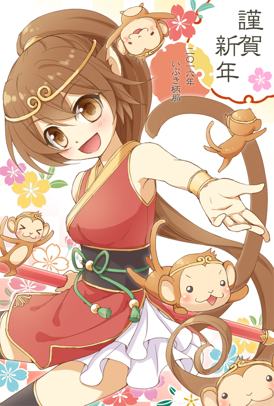 1girl animal animal_ears armpits blush bracelet brown_eyes brown_hair chinese_zodiac dress headpiece holding holding_staff ibuki_ena japanese_clothes jewelry long_hair looking_at_viewer monkey monkey_ears monkey_girl monkey_tail new_year obi offering_hand open_mouth original ponytail reaching reaching_towards_viewer sash short_dress sleeveless sleeveless_dress smile solo staff tail thighhighs translation_request very_long_hair year_of_the_monkey
