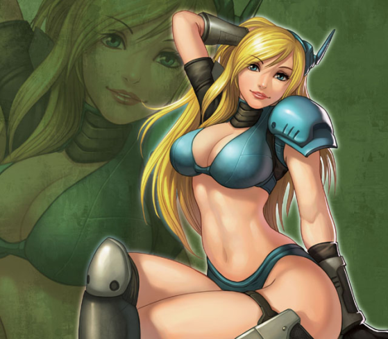 1girl blonde_hair breasts cleavage contra contra_4 contra_hard_corps female_focus large_breasts long_hair looking_at_viewer midriff official_art sheena_etranzi smile solo zoom_layer