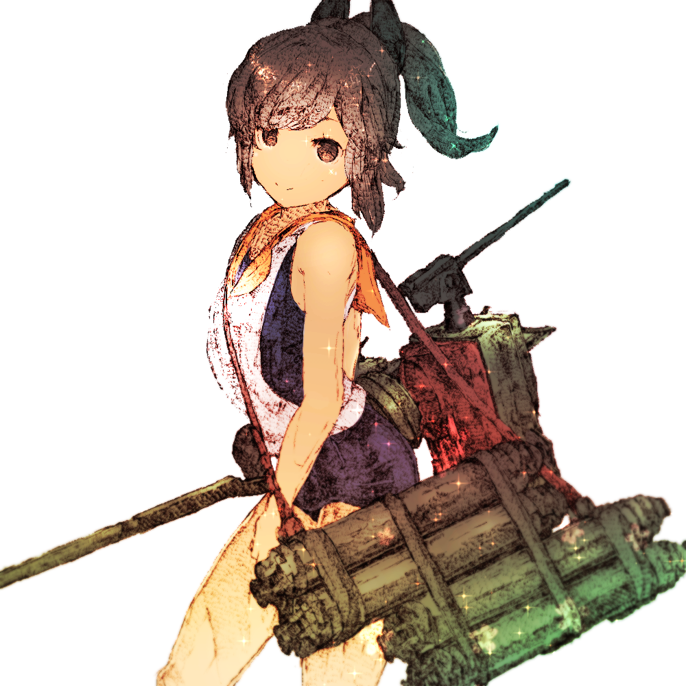 10s 1girl brown_eyes brown_hair cowboy_shot deck_gun female_focus from_side gradient_filter gurin33 i-401_(kancolle) kantai_collection legs long_hair looking_at_viewer mecha_musume ponytail school_swimsuit simple_background sketch smile solo swimsuit tan torpedo_tubes white_background