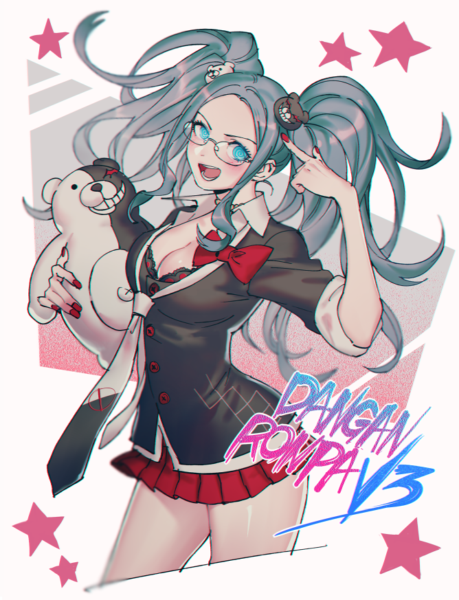 1girl black_shirt bow breasts character_hair_ornament cleavage cosplay danganronpa_(series) danganronpa_v3:_killing_harmony enoshima_junko enoshima_junko_(cosplay) eyelashes hair_ornament holding holding_stuffed_toy monochrome necktie open_mouth pleated_skirt red_bow red_nails red_skirt ringed_eyes shirogane_tsumugi shirt skirt solo spoilers stuffed_animal stuffed_toy teddy_bear teeth twintails two-tone_necktie zoo_(oukakumaku)