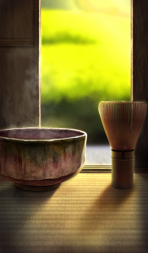 beppu_mitsunaka blurry blurry_background brown_theme chasen chawan commentary depth_of_field fate/grand_order fate_(series) no_humans official_art still_life tatami third-party_source