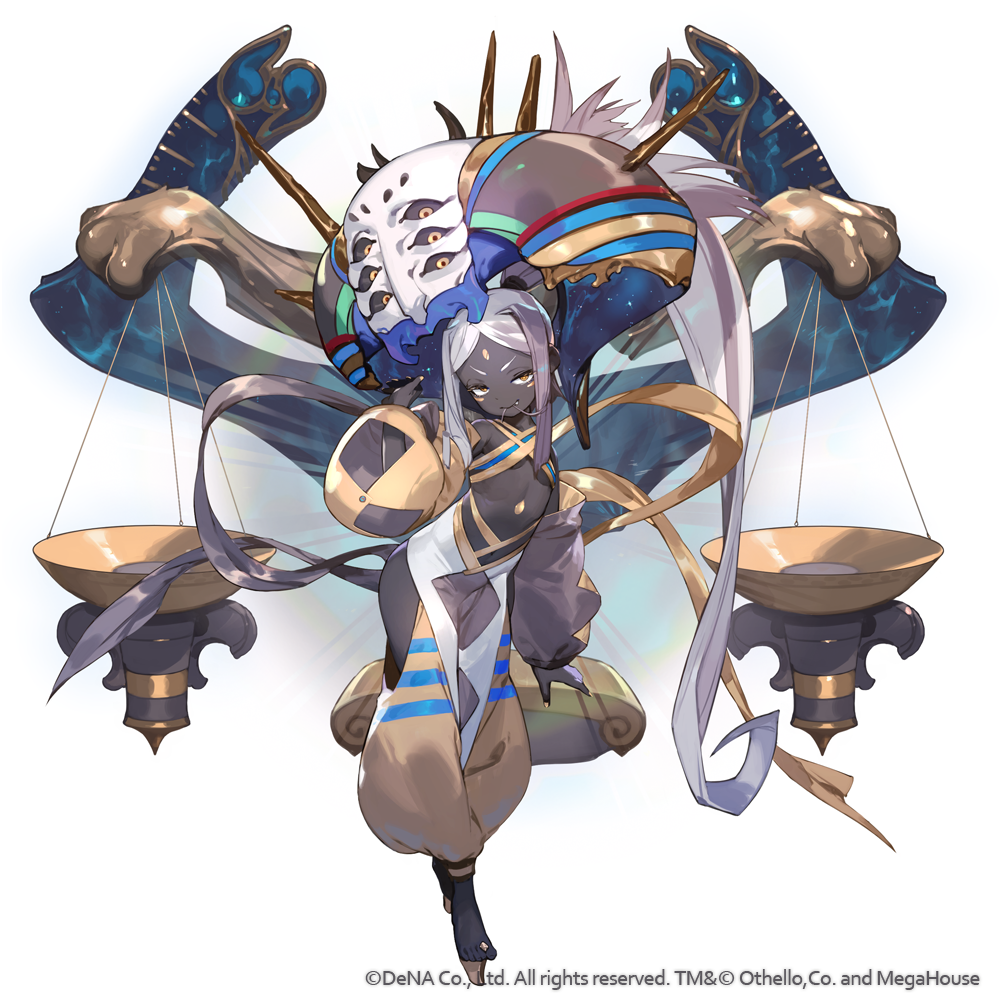 1girl absurdly_long_hair barefoot barefoot_sandals_(jewelry) dark-skinned_female dark_skin detached_sleeves fang full_body gold_trim gyakuten_othellonia harem_pants long_hair looking_at_viewer mesugaki nail_polish othellonia pants parted_bangs ponytail revealing_clothes so-taro solo very_long_hair weighing_scale white_background white_hair yellow_eyes