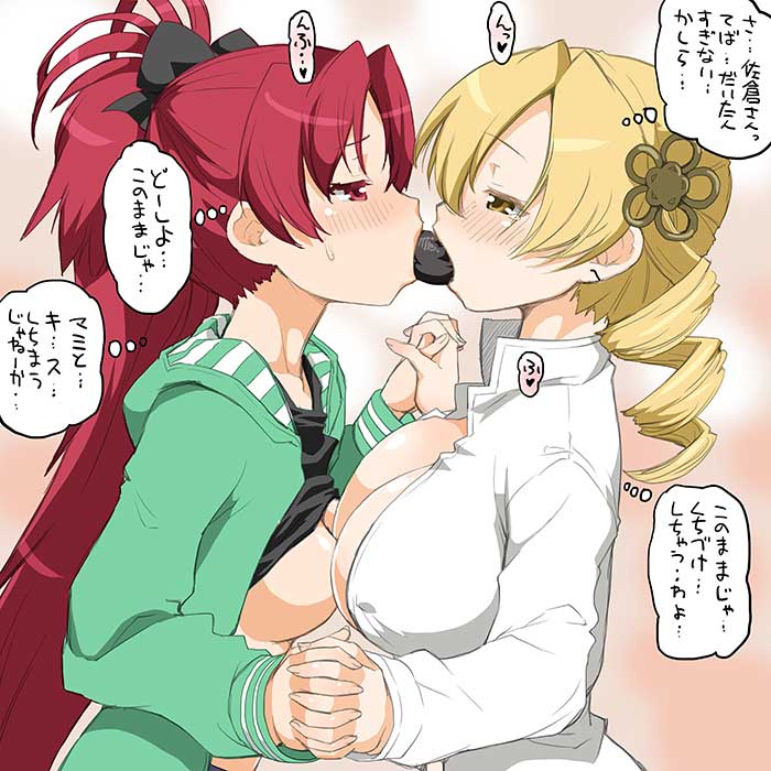 10s 2girls blonde_hair blush bow breasts clothes_lift drill_hair hair_bow hair_ornament holding_hands hood hoodie interlocked_fingers jpeg_artifacts large_breasts long_hair mahou_shoujo_madoka_magica mahou_shoujo_madoka_magica_(anime) multiple_girls open_clothes open_shirt phallic_symbol ponytail red_eyes red_hair sakura_kyoko sexually_suggestive shinama shirt shirt_lift sweatdrop tomoe_mami translated twin_drills yellow_eyes yuri
