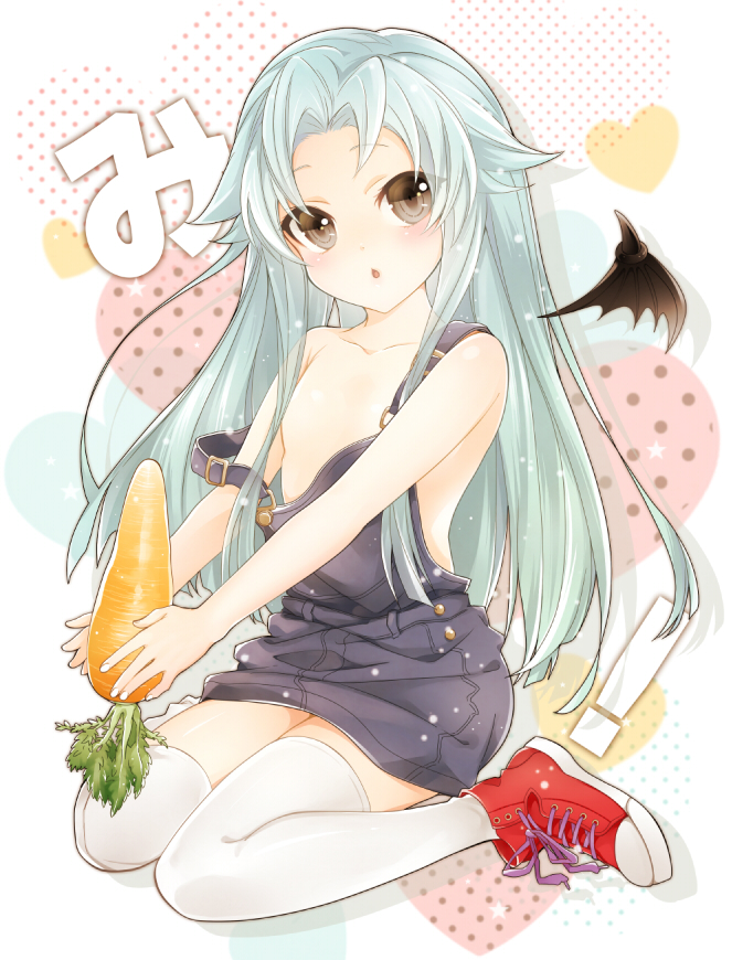1girl aqua_hair blush brown_eyes carrot collarbone demon_wings detached_wings female_focus haiyore!_nyaruko-san long_hair naked_overalls off_shoulder open_mouth overall_skirt overalls personification rochmaya shantak_(nyaruko-san) shoes sneakers solo thighhighs white_thighhighs wings
