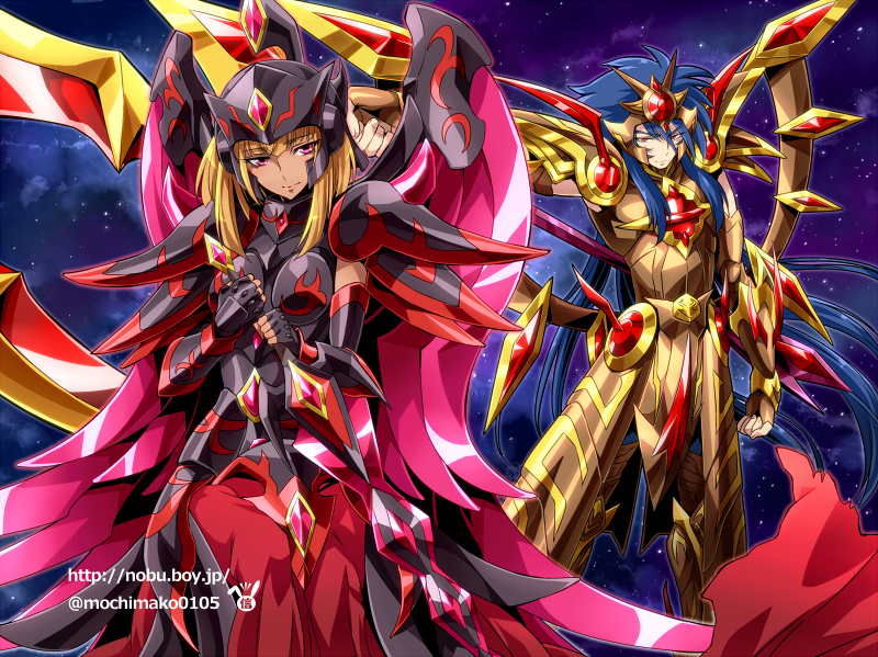 1boy 1girl armor blonde_hair blue_hair breasts curvy dark_skin dress full_armor helmet jewelry long_hair looking_at_viewer pallas pink_eyes saint_seiya saint_seiya_omega saturn_(saint_seiya_omega) shiny_skin standing sword very_long_hair weapon wings