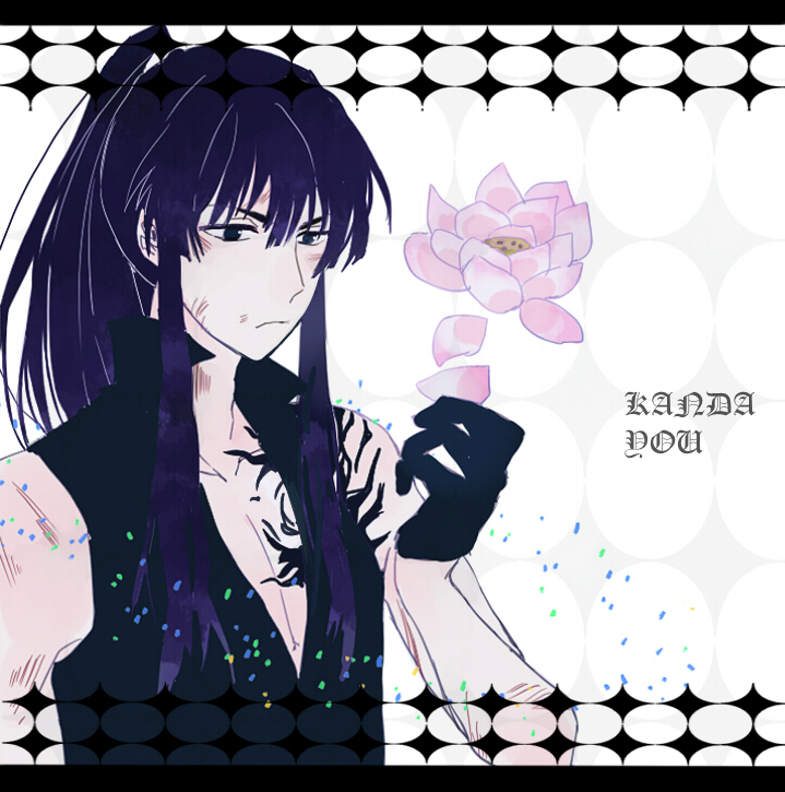1boy bare_arms bare_shoulders black_gloves black_vest blue_eyes body_markings bruise bruise_on_arm bruise_on_face bruise_on_shoulder collarbone collared_vest d.gray-man falling_petals flower gloves hair_between_eyes high_ponytail holding holding_petal injury kanda_yuu kiinoer long_hair looking_at_hand pectoral_cleavage pectorals petals pink_flower ponytail purple_hair scowl shoulder_tattoo sidelocks solo tattoo vest