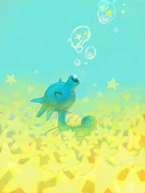 ^_^ aqua_background blowing_bubbles bubble closed_eyes d&amp;p field field_of_stars gen_1_pokemon glowing gradient_background happy horsea nintendo no_humans oekaki pokemon pokemon_(creature) pokemon_focus solo star_(symbol) tegaki underwater yellow_background
