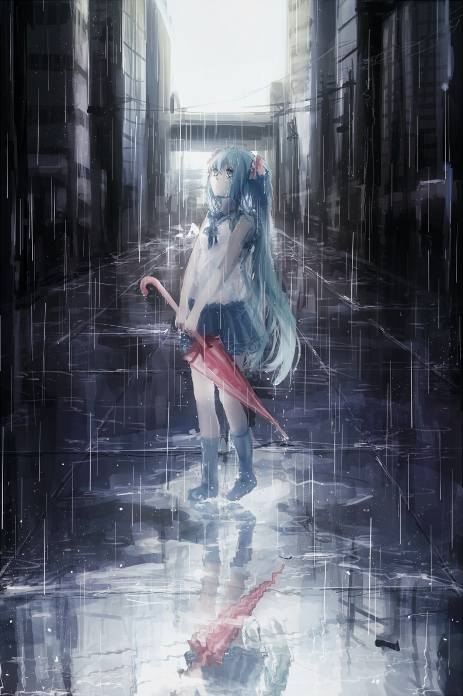 1girl aqua_eyes aqua_hair bad_id bad_pixiv_id boots city closed_umbrella domik female_focus hatsune_miku highres long_hair puddle rain reflection rubber_boots school_uniform serafuku skirt solo twintails umbrella very_long_hair vocaloid