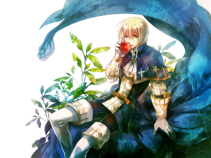 1boy apple bad_id bad_pixiv_id boots cross cross_print eating food fruit hair_between_eyes maerchen_(sound_horizon) male_focus noki_(affabile) plant sitting solo sound_horizon tettere thighhighs white_background white_boots