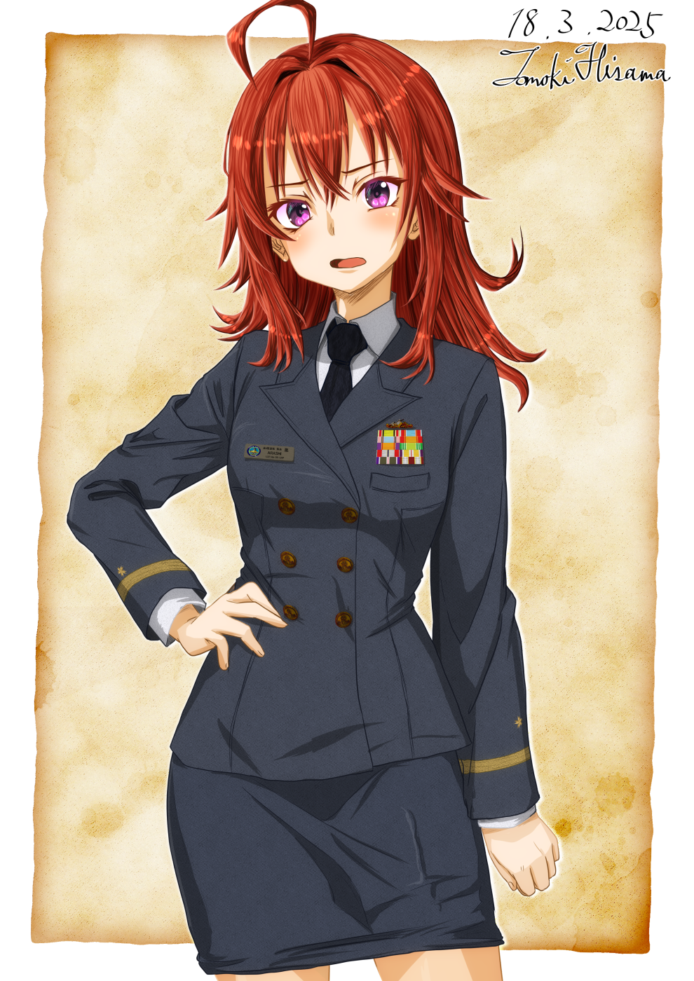 1girl ahoge alternate_costume arashi_(kancolle) artist_name black_jacket black_necktie black_skirt blush breasts buttons collared_shirt dated double-breasted highres hisamatomoki jacket japan_maritime_self-defense_force japan_self-defense_force kantai_collection long_hair long_sleeves military military_dress_uniform military_rank_insignia military_uniform naval_dress_uniform naval_uniform necktie one-hour_drawing_challenge open_mouth purple_eyes red_hair shirt skirt solo white_shirt