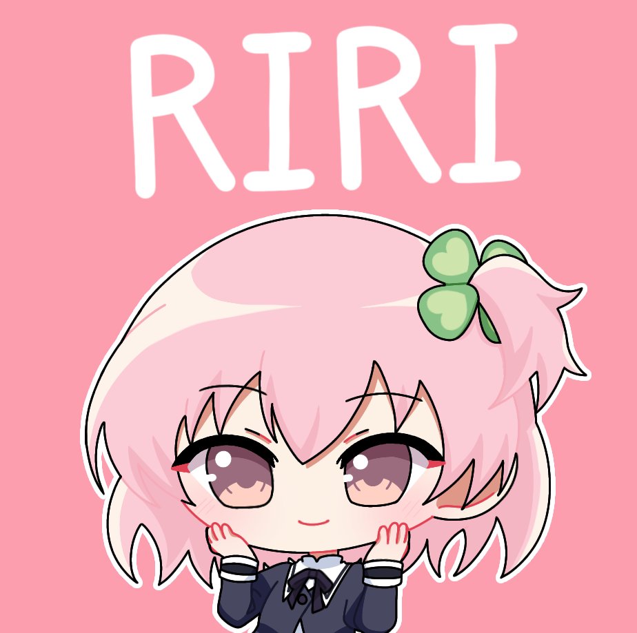 1girl assault_lily black_ribbon blush buttons character_name chibi closed_mouth clover_hair_ornament commentary four-leaf_clover_hair_ornament hair_ornament hands_on_own_cheeks hands_on_own_face hands_up hitotsuyanagi_riri juliet_sleeves long_sleeves looking_at_viewer medium_hair neck_ribbon one_side_up pink_background pink_eyes pink_hair puffy_sleeves ribbon school_uniform simple_background smile solo symbol-only_commentary upper_body yui_(yui1115_) yurigaoka_girls_academy_school_uniform