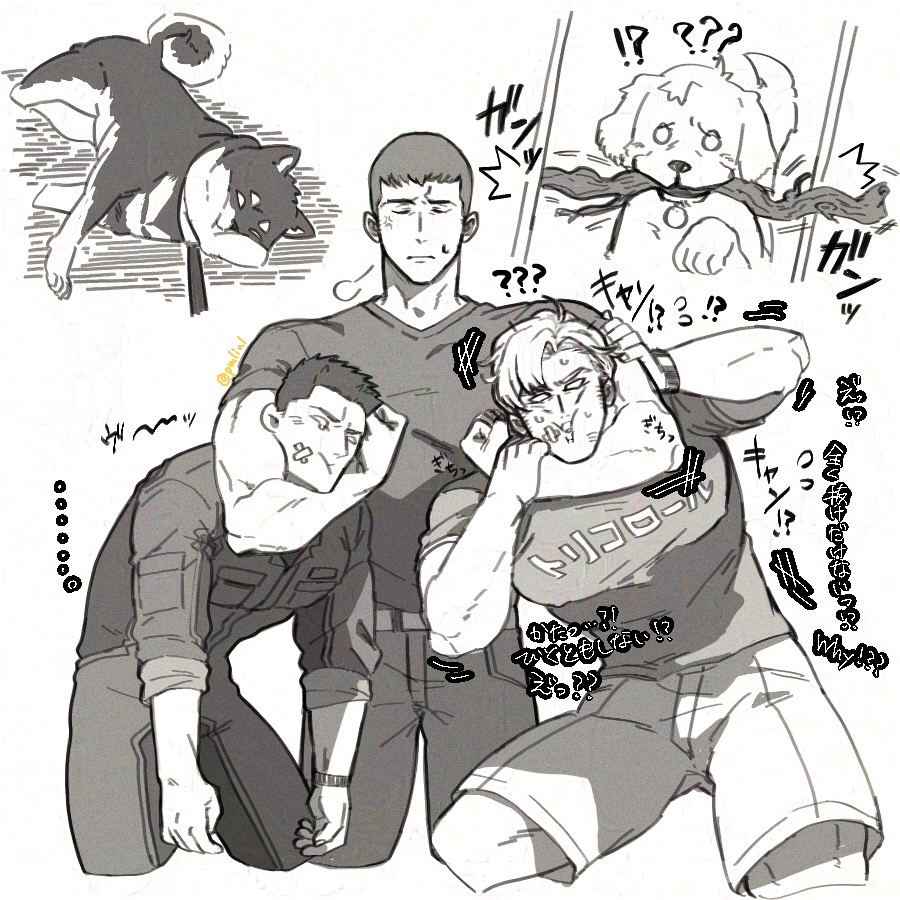 3boys animalization ao_isami arm_around_neck armlock bandaid bara biceps cropped_legs dog facial_hair flexing large_pectorals lewis_smith male_focus multiple_boys muscular muscular_male pectorals pmlial ryuji_satake shiba_inu shorts sideburns_stubble sigh standing stubble tearing_up thick_eyebrows yuuki_bakuhatsu_bang_bravern