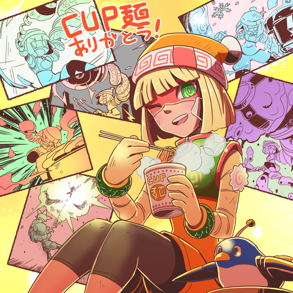 1girl @_@ arms_(game) bandage_on_face bandages beanie bike_shorts blonde_hair blunt_bangs bracelet chopsticks dragon_(arms) explosion food green_eyes hat hitohito jewelry knees_up legs_together looking_at_viewer min_min_(arms) multiple_views nintendo noodles one_eye_closed open_mouth ramen short_hair shorts sitting smile snowflakes steam yellow_background