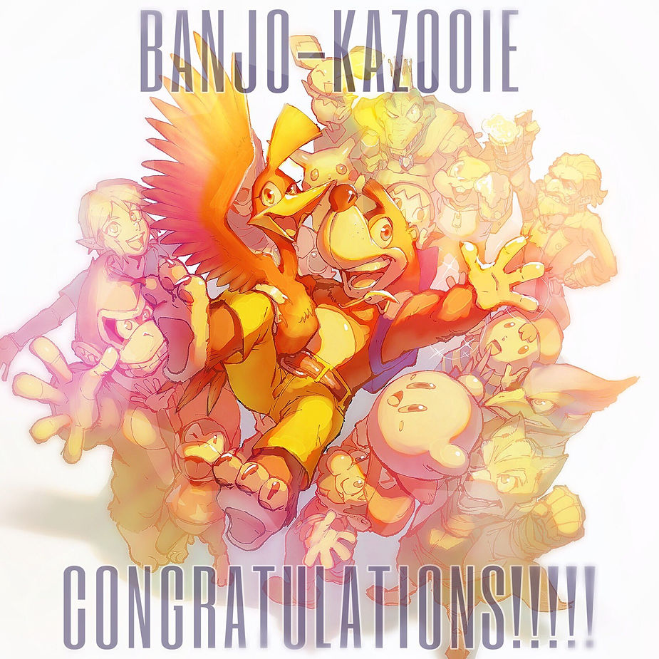 1girl 3others 6+boys banjo-kazooie character_name character_request commentary_request congratulations conker diddy_kong donkey_kong english_text falco_lombardi fox_mccloud gen_1_pokemon gen_2_pokemon jigglypuff king_k._rool kirby link looking_at_another looking_at_viewer mario multiple_boys multiple_others ness_(mother_2) nintendo pichu pikachu pokemon pokemon_(creature) s-yumeko super_smash_bros. villager_(animal_crossing) white_background