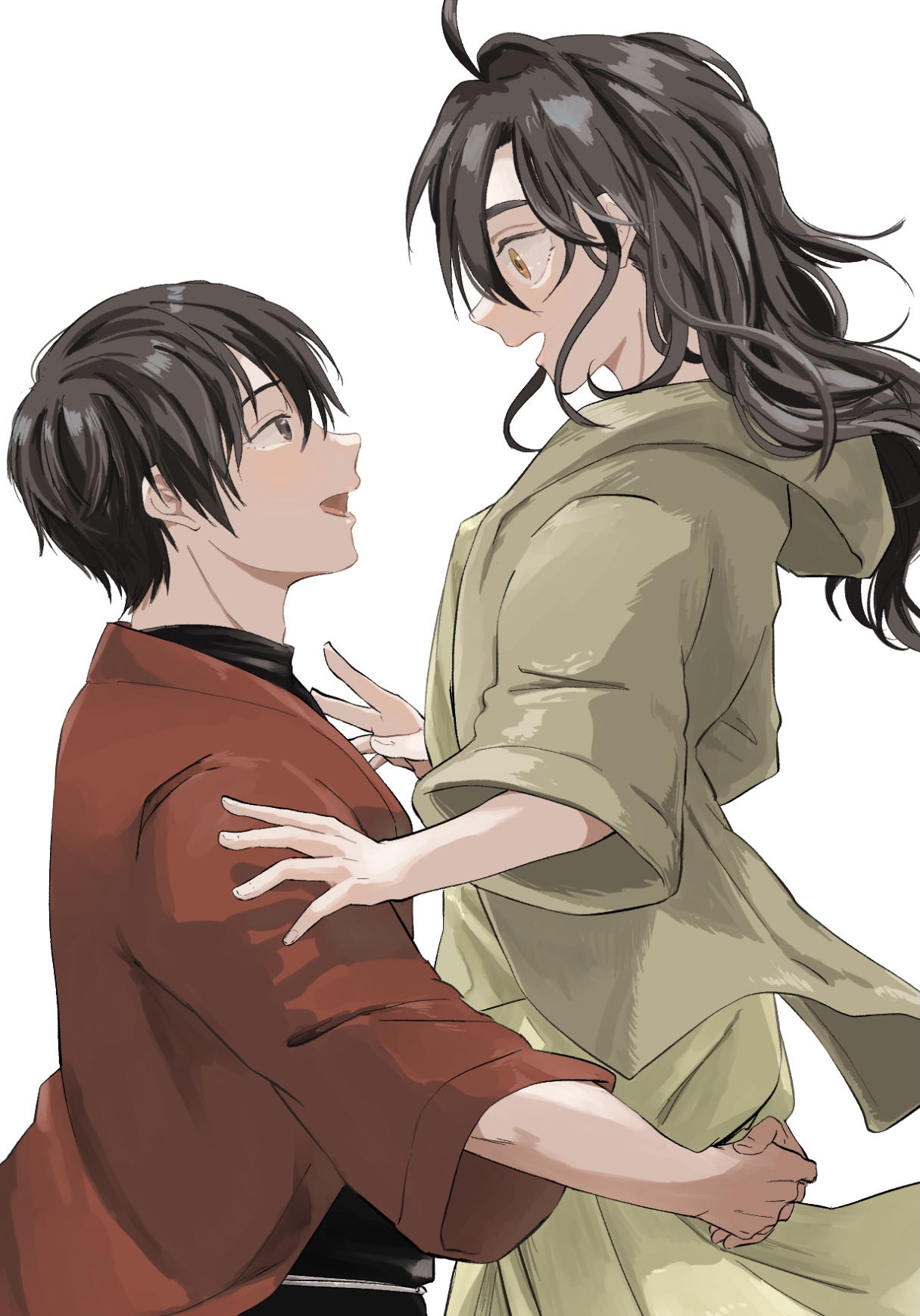 1boy 1other ahoge black_hair blush brown_eyes brown_hair buppii_buru carrying fumetsu_no_anata_e fushi happy happy_tears highres kahaku_(fumetsu_no_anata_e) lifting_person light_blush long_hair short_hair smile tears tunic wavy_hair yellow_eyes