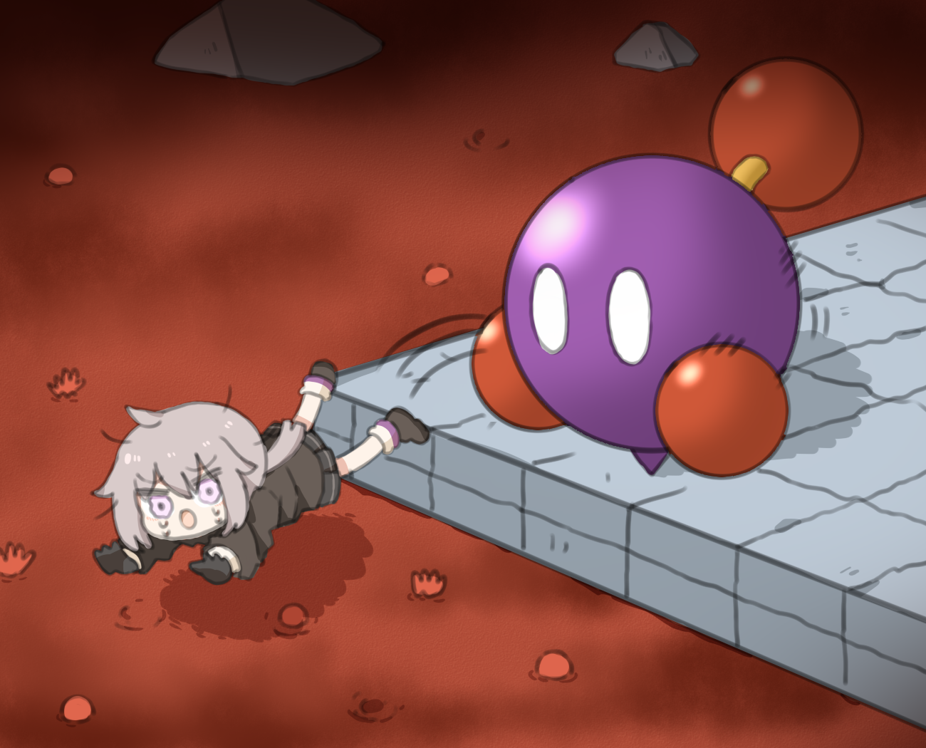 1girl :o ahoge black_gloves black_shoes black_skirt blank_eyes brown_jacket bubble chuckya commentary_request crossover crying crying_with_eyes_open girls'_frontline gloves grey_hair hair_between_eyes imminent_death jacket lava long_hair long_sleeves m200_(girls'_frontline) mario_(series) motion_lines nintendo open_mouth ponytail purple_eyes shoes skirt socks supaccha super_mario_64 tears thrown wavy_eyes