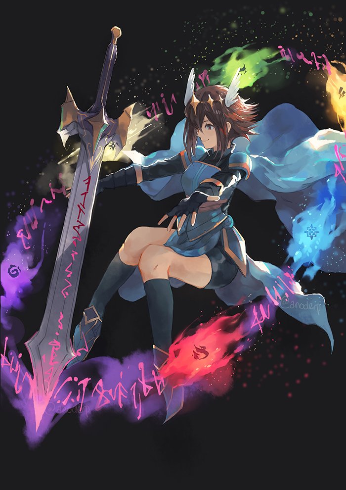 1girl alternate_costume anocurry armor brown_hair cape feathers full_body gloves green_eyes jewelry necklace octopath_traveler octopath_traveler_i short_hair shorts simple_background smile sword tiara tressa_(octopath_traveler) weapon