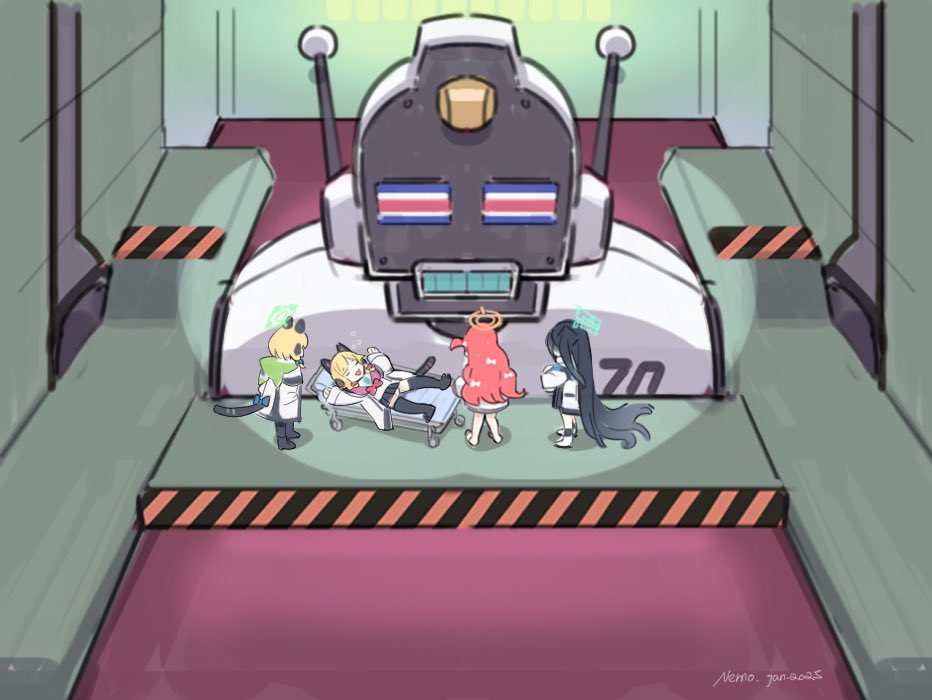 4girls :3 absurdly_long_hair animal_ears aris_(blue_archive) artist_name avant_garde_(blue_archive) bed black_hair black_skirt black_thighhighs blonde_hair blue_archive cat_ears cat_tail catwalk_(walkway) closed_eyes crossed_arms dated game_development_department_(blue_archive) halo hands_up hospital_bed indoors jacket long_hair long_sleeves lying mecha midori_(blue_archive) momoi_(blue_archive) multiple_girls nemo_(leafnight) neon_genesis_evangelion on_back on_bed open_mouth parody pink_hair pool robot scene_reference shirt short_hair skirt standing tail thighhighs very_long_hair white_jacket white_shirt wide_shot yuzu_(blue_archive)
