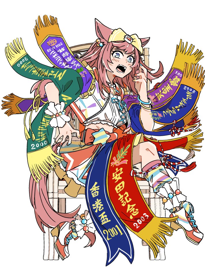 1girl 2000 2001 2002 2003 agnes_digital_(umamusume) animal_ears asuka_(junerabitts) bare_shoulders bead_bracelet beads blue_eyes blush bow bracelet commentary_request cropped_shirt ear_ornament full_body high_heels horse_ears horse_girl horse_tail jewelry long_hair loose_socks midriff multicolored_shoes on_chair open_mouth pink_hair red_shoes shirt shoes simple_background sitting skirt sleeveless sleeveless_shirt socks solo striped_clothes striped_skirt striped_socks tail two-tone_shoes two_side_up umamusume white_background white_shirt white_shoes yellow_bow