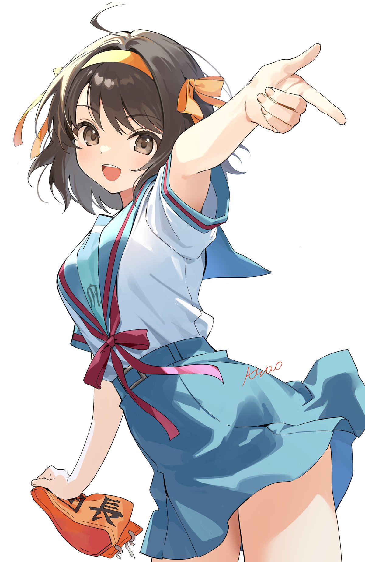 1girl :d ahoge armband blue_sailor_collar blue_skirt blush breasts brown_eyes brown_hair commentary hair_ribbon hairband highres holding holding_armband holding_unworn_clothes kita_high_school_uniform looking_at_viewer open_mouth pointing red_armband red_ribbon ribbon sailor_collar school_uniform serafuku short_sleeves simple_background skirt smile solo standing summer_uniform suzumiya_haruhi suzumiya_haruhi_no_yuuutsu teeth thighs tongue unworn_armband upper_teeth_only urata_asao white_background yellow_hairband yellow_ribbon