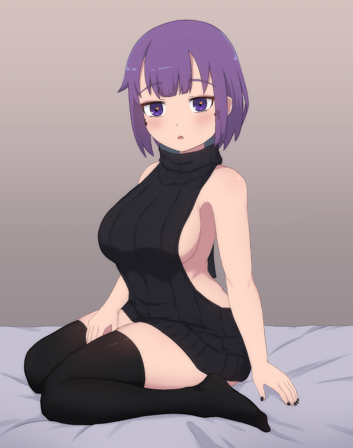 1girl arm_support bare_shoulders black_nails black_sweater black_thighhighs breasts brown_background cross_tattoo eyeshadow facial_tattoo gradient_background hand_on_own_thigh kamuo large_breasts light_blush looking_at_viewer makeup meme_attire no_shoes on_bed open_mouth original purple_eyes purple_eyeshadow purple_hair raised_eyebrows short_hair sideboob sidelocks simple_background sitting sweater tattoo thighhighs turtleneck turtleneck_sweater vel_(kamuo) virgin_killer_sweater wariza